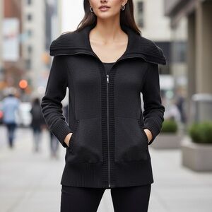 Cache Black Ribbed Collar Jacket Size XL